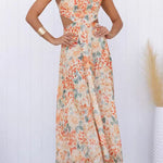 Crewneck Cut Out Waist Floral Print Maxi Dress