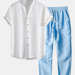 V Neck Linen Rayon Blend Shirt & Straight Leg Linen Pants