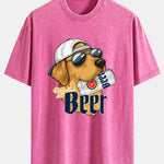 Beer Dog Print Washed Distressed Drop Shoulder T-Shirt