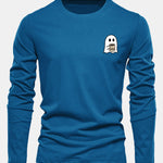 Long Sleeve Ghost Drinking Coffee Print Cotton T-Shirt