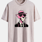 Pink Gentleman Panther Print Washed Distressed Drop Shoulder T-Shirt