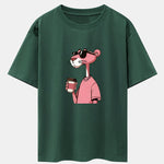 Pink Panther Drinking Coffee Print Drop Shoulder Oversize T-Shirt