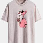 Pink Panther Print Washed Distressed Drop Shoulder T-Shirt