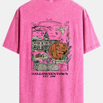 Halloween Pumpkin Town Print Washed Distressed Drop Shoulder T-Shirt