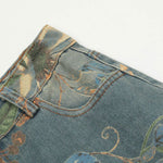 Flower Print Denim Wide Leg Pants