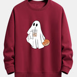 Halloween Ghost Drinking Coffee Pumpkin Print Relax Fit Sweatshirt