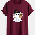 Regular Fit Halloween Ghost Coffee Print Cotton T-Shirt