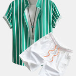 Striped Button Up Stand Collar Shirt & Man Mid Length Drawstring Swim Shorts