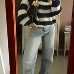Margovil Drop Shoulder Striped Casual Pullover Sweater