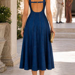 Square Neck Open Back Fit & Flare Denim Midi Dress