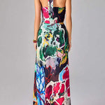Halter Neck Abstract Floral Print Maxi Dress