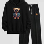 Bear In Leather Jacket Print Relax Fit Hoodie & Straight Leg Corduroy Pants