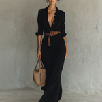 Ladies Lapel Single Breasted Long Sleeve Belted Maxi Dress