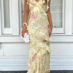 Margovil Spaghetti Strap Backless Ruffle Trim Printed Maxi Dress