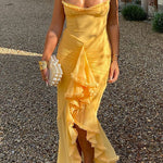 Margovil Spaghetti Strap Mesh Splice Draped Ruffle Maxi Dress
