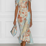 Margovil Off Shoulder Floral Print Irregular Hem Midi Dress