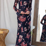 Round Neck Long Sleeves Floral Print Maxi Dress