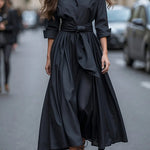 Margovil Lapel Long Sleeves Button Up Tie Waist Maxi Dress