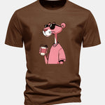 Regular Fit Pink Panther Drinking Coffee Print Cotton T-Shirt