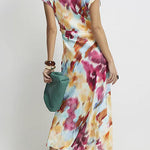 Cowl Neck Short Sleeves Tie Dye Maxi Dress