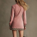 Western Retro Long-Sleeved Leopard Print Pink Faux Suede Mini Dress