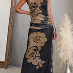 One Shoulder Ruched Floral Print Maxi Dress with Statement Strap