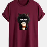 Regular Fit Black Cat Drinking Coffee Print Cotton T-Shirt