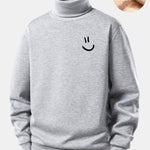 Smiley Face Print Teddy Fleece Lined Turtle Neck Sweatshirt