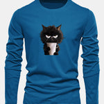 Long Sleeve Black Cat Drinking Coffee Print Cotton T-Shirt