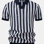 Stripe Johnny Collar Open Knit Polo & Straight Leg Linen Pants