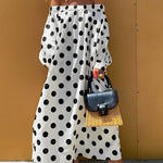 A-Line Long Sleeves Elasticity Polka-Dot Split-Joint Off-The-Shoulder Maxi Dresses
