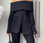 Long Sleeves Solid Color Split-Front Split-Joint Off-The-Shoulder Blazer