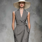Women's Elegant Gray Sleeveless Collared Suit Dress With Belt