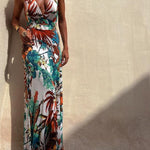 RAINFOREST PARADISE TROPICAL PRINT CUTOUT BACK CROSSOVER STRETCH MAXI DRESS
