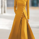 High Waisted Long Sleeves Buttoned Solid Color Split-Front Round-Neck Midi Dresses