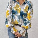 Long Sleeves Loose Buttoned Elasticity Flower Print Pleated Lapel Blouses&Shirts Tops