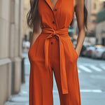 High Waisted Sleeveless Buttoned Pockets Tied Waist Lapel Jumpsuits