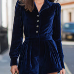 Navy Velvet Blazer Collar Puff Sleeve Romper