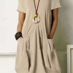 Cotton Linen Solid Color Loose Round Neck Short Sleeve Tank Dress
