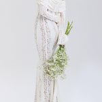 Floral Lace Off Shoulder Flare Sleeve Fishtail Maxi Dresses-White