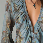Printed Ruffled Zip-Front Chiffon Blouse – Mist Blue Snake Floral