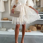 Summer Romance Embroidery Lace Puff Sleeve Button Tie-up Mini Dress