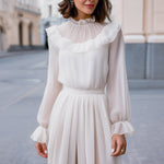 Ruffled High-Neck Chiffon Long-Sleeve Dress
