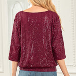 Solid Color Sequined Loose Round Neck Casual Top