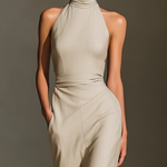 Women's Beige Cotton And Linen Blend Halter Turtleneck Midi Dress With Ruffled Hem
