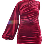 Party Outfit Velvet One Shoulder Ruched Detail Bodycon Stretch Mini Dress