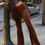 Solid color velvet elastic high waist slim casual bootcut pants for women fashion pants