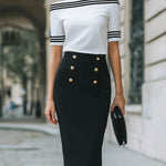 Off-Shoulder Striped Top And Buttoned Pencil Skirt Set