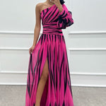 One-Shoulder Rose Detail Patterned Design Dress