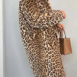 Leopard Print Lapel Long Sleeve Mid-length Plush Coat